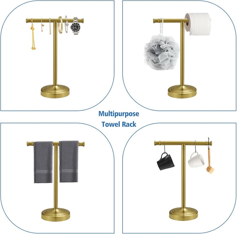 RUMOSE 13 Inch Brushed Gold Towel Stand Hand Towel Holder Bathroom Kitchen Vanity Countertop T-Shape Towel Rack Free Standing Stainless Steel Towel Bar Towel Ring - Image 3